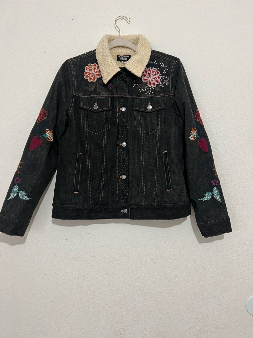 Johnny Was Denim Sherpa Embroidered Jacket Size S